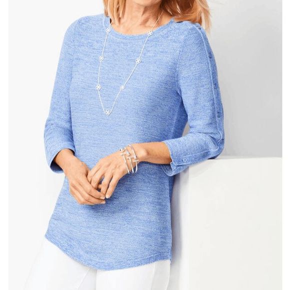 Talbots BUTTON-SLEEVE SWEATER - MARLED Blue 3/4 Sleeve Top, Size 2XL, MSRP $80 - Picture 1 of 11